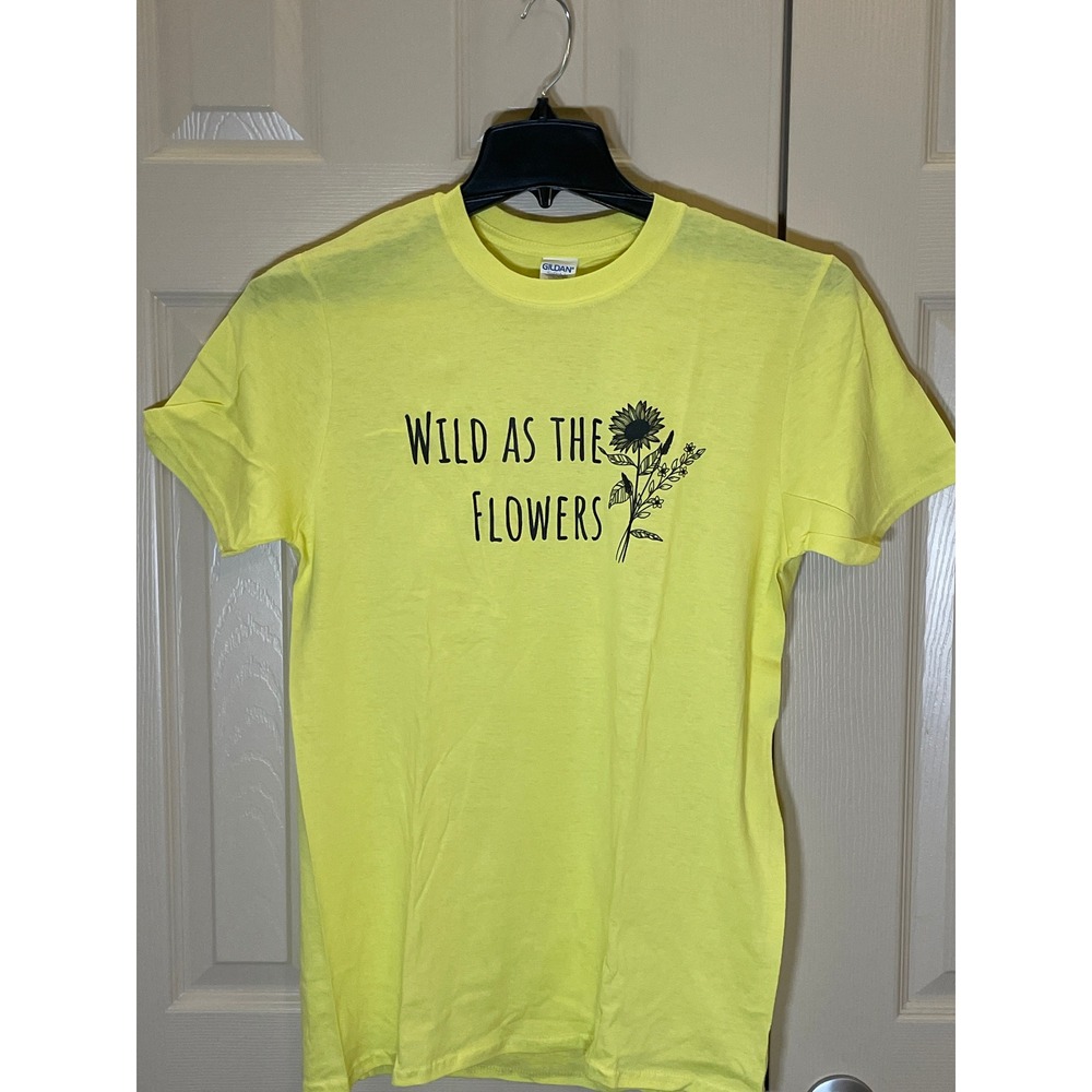 Gildan Graphic Tee Womens Medium Neon Yellow New Wild As The Flowers Sunflower